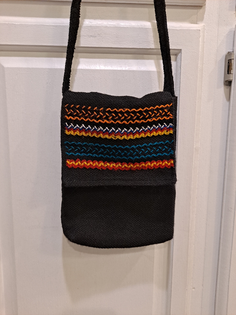 Artisan Crafted Black Cotton Jute Crossbody Bag Multicolor Embroidered Stripes